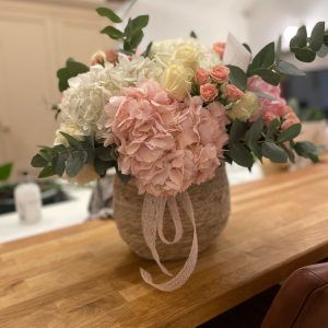 Luxury basket full of hydrangeas, roses &eucalyptus